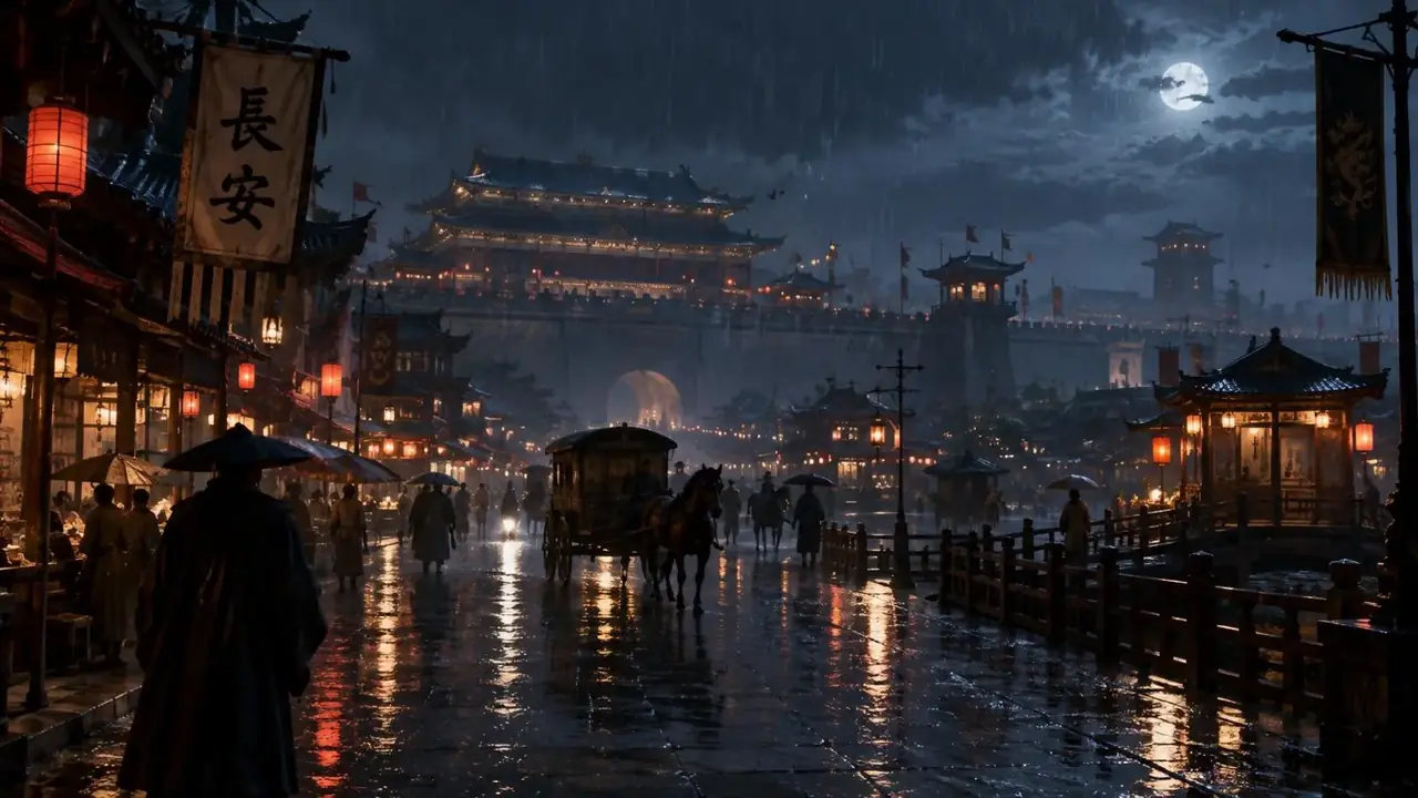 长安夜雨寄北剧照背景，暖光剧场风格场景